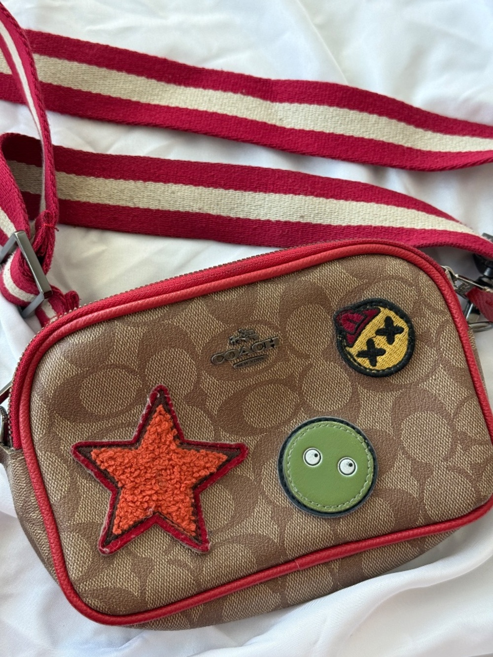 Coach Signature Canvas Camera Crossbody Bag Patches Red Webbing Strap